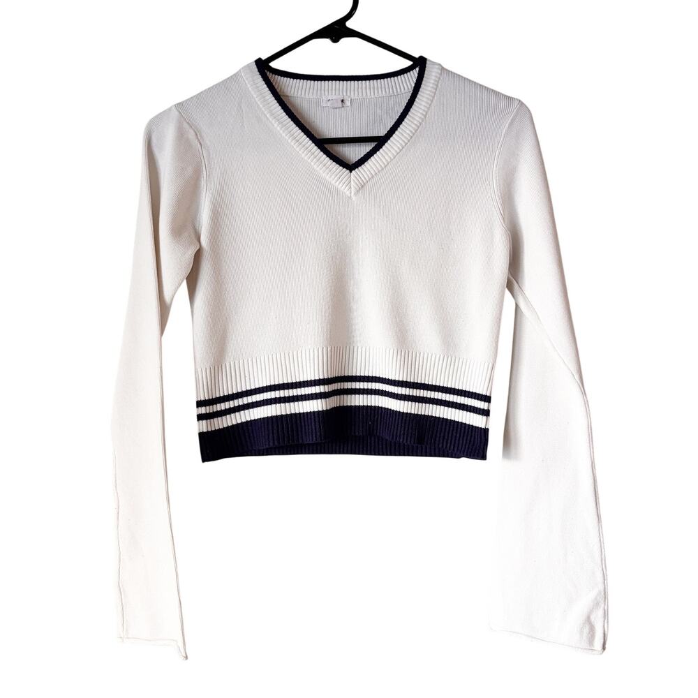 Garage M White VNeck Cropped Tight Preppy Sweater Navy Stripes Bell Sleeves Boho